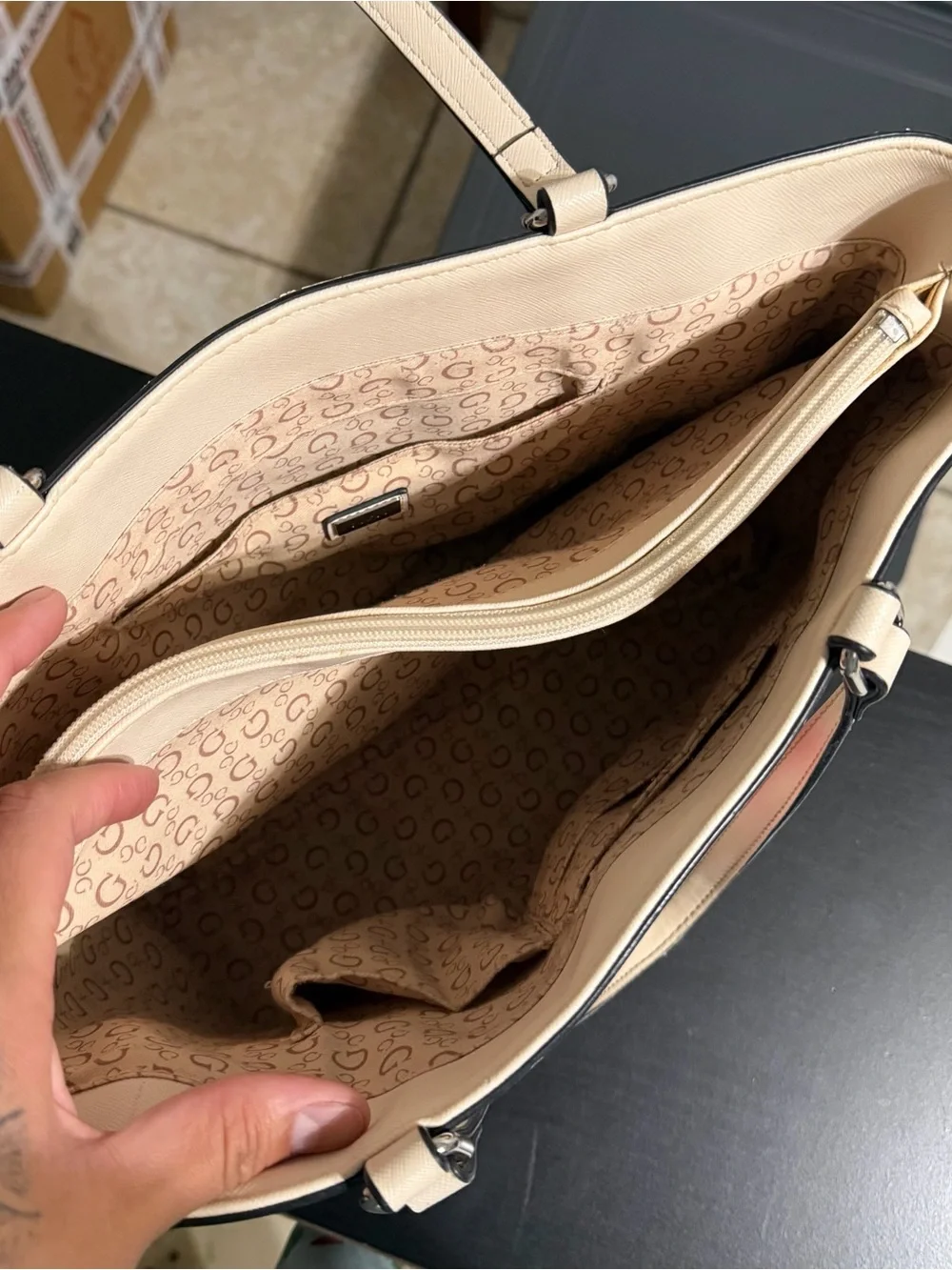 GUESS Floral Tote in Cream with Pink Accents